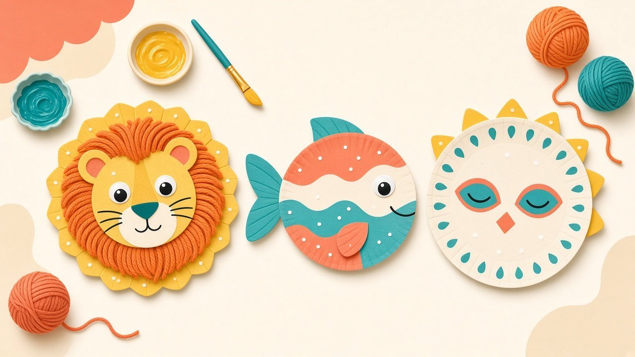 Paper plates made into a lion, a fish, and a mask