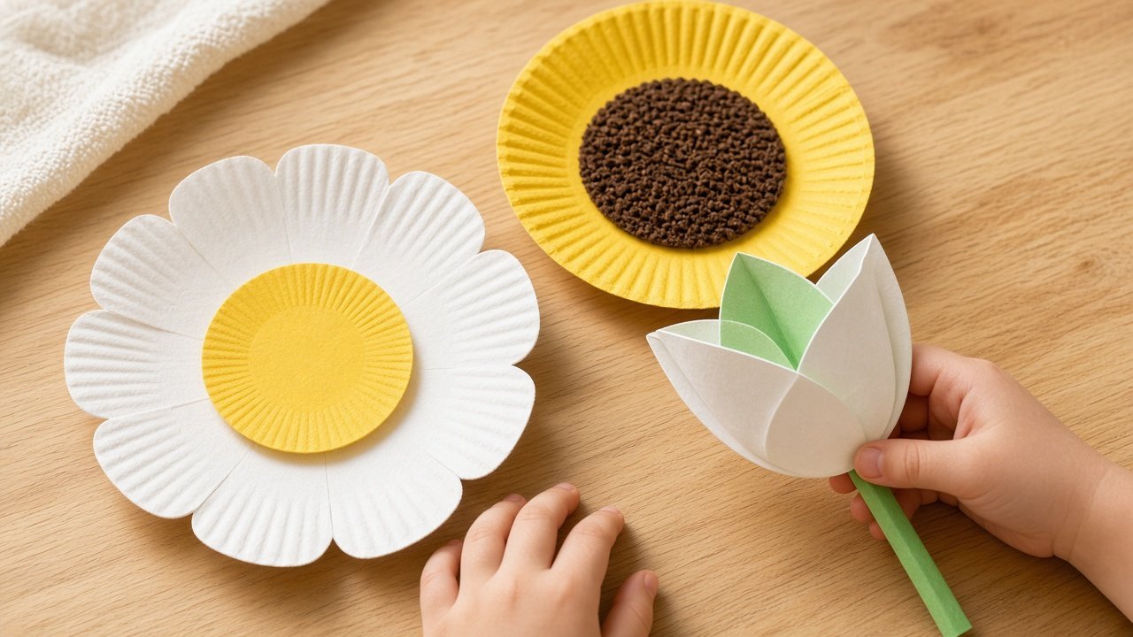 Paper plate daisy, sunflower, and tulip on a craft table