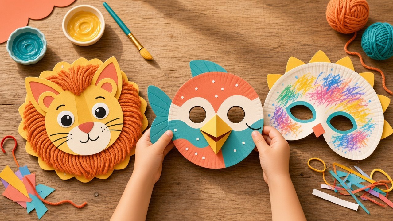 Paper plate cat, bird, and half masks on a table