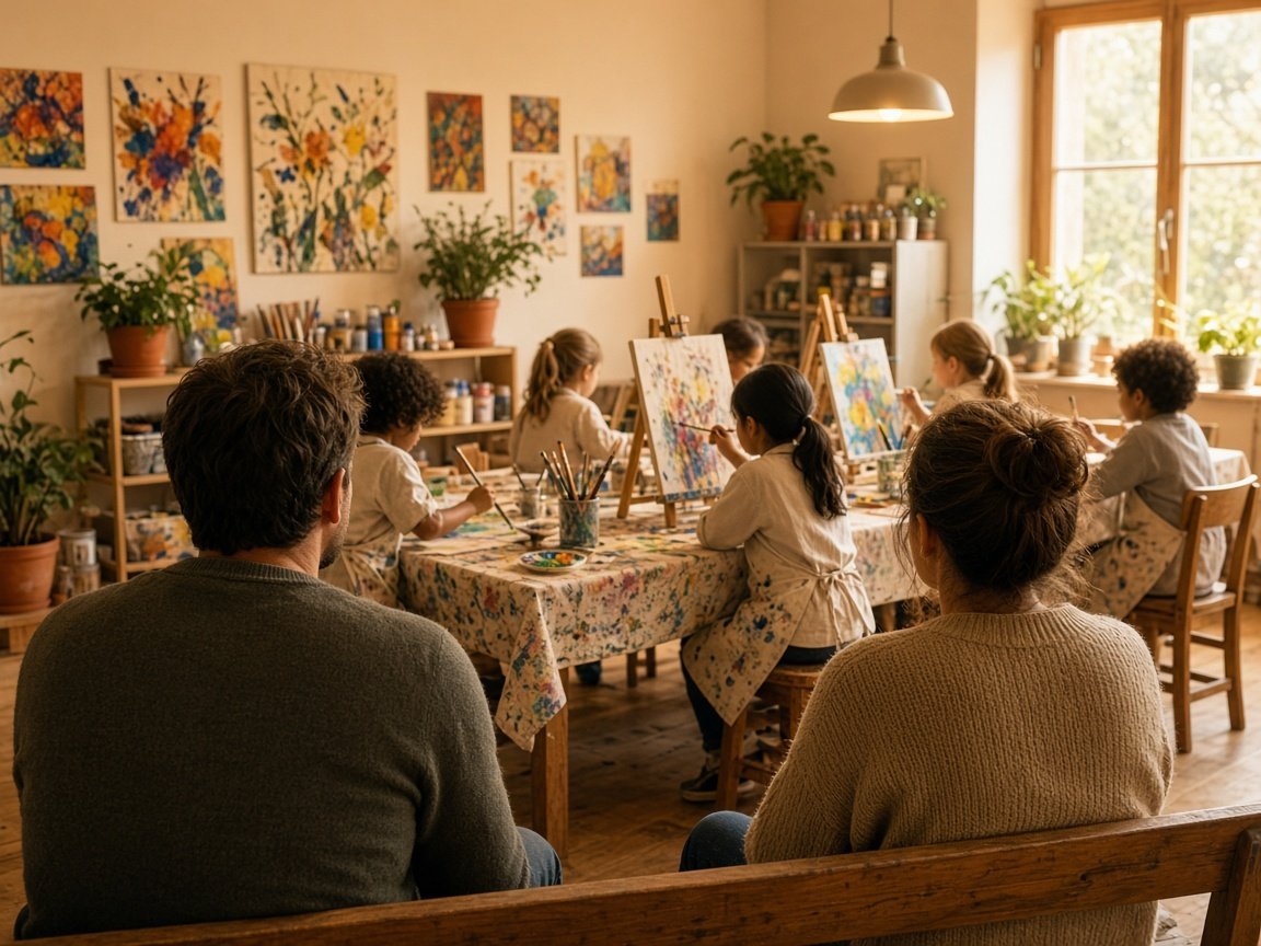 Parents sitting at the edge of an art studio while children paint at a table