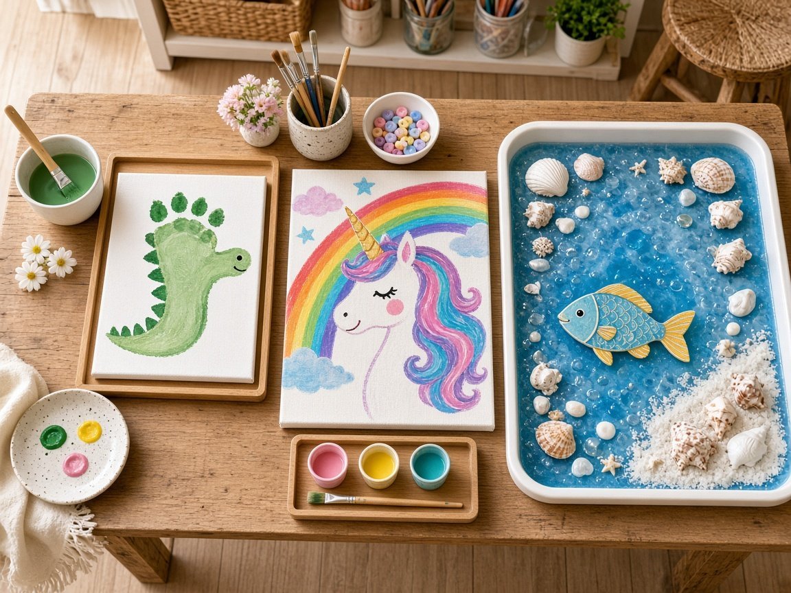 Dinosaur, unicorn, and ocean art stations arranged for a children's birthday party