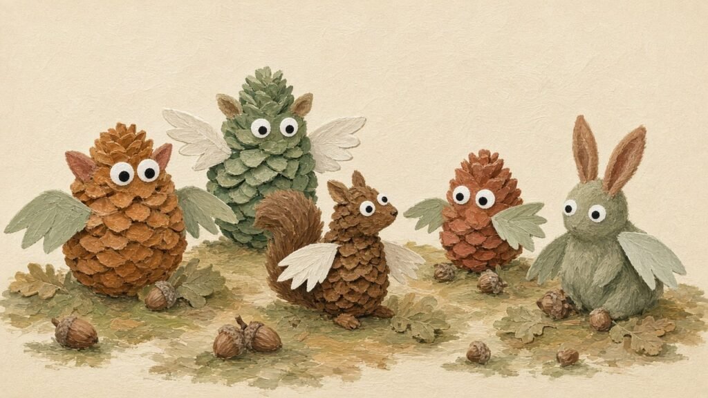 Pinecone animals and monsters with paper wings and felt ears
