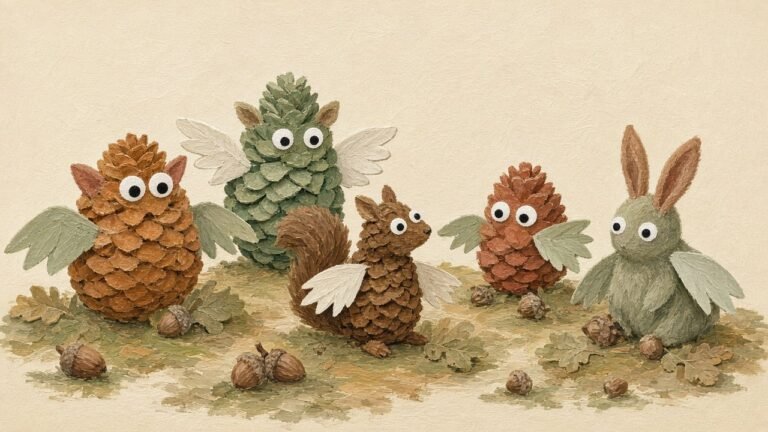 Pinecone animals and monsters with paper wings and felt ears