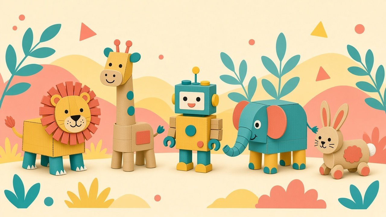 Cardboard tubes and boxes turned into animals and a robot