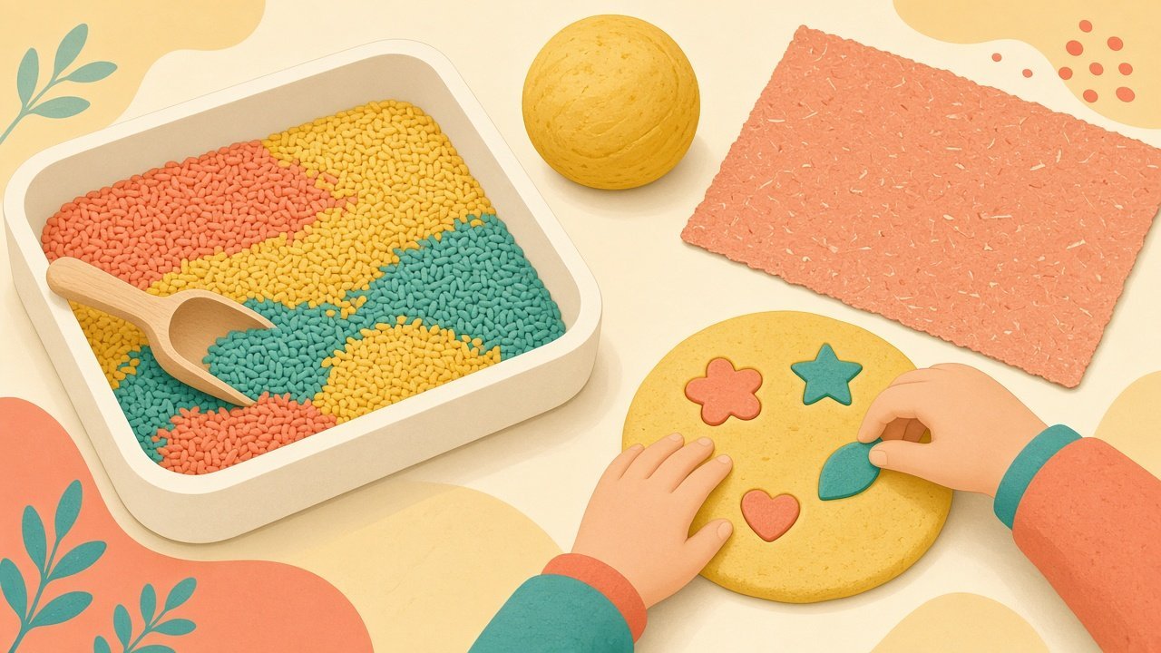 A child pressing shapes into playdough beside a bin of coloured rice