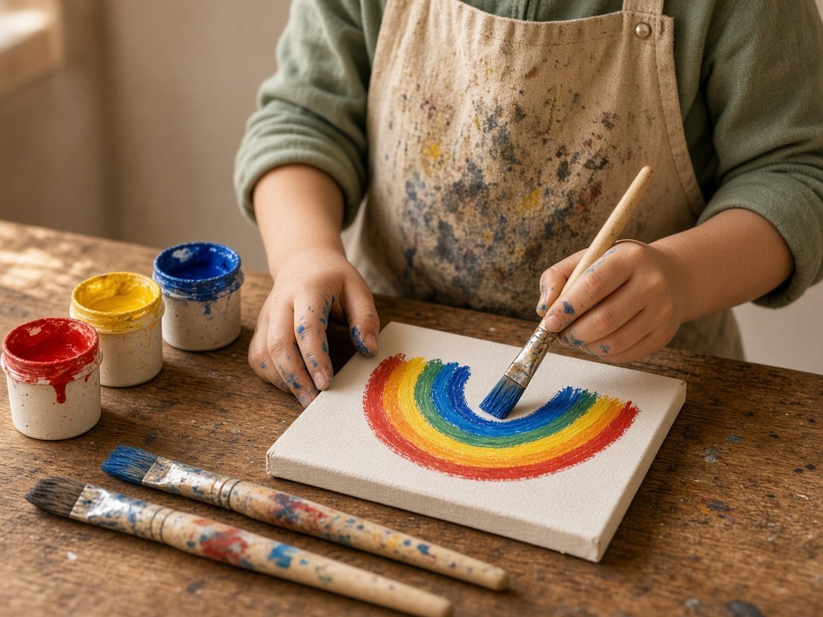 A child painting a rainbow on a small canvas with red, yellow, and blue paint