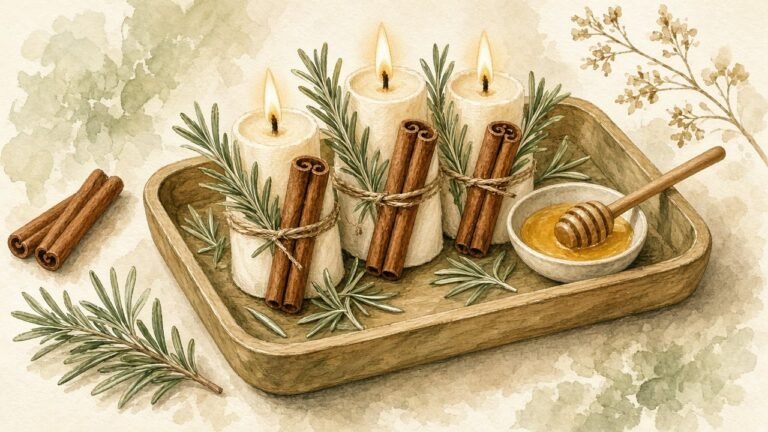 Candles wrapped in cinnamon sticks and rosemary