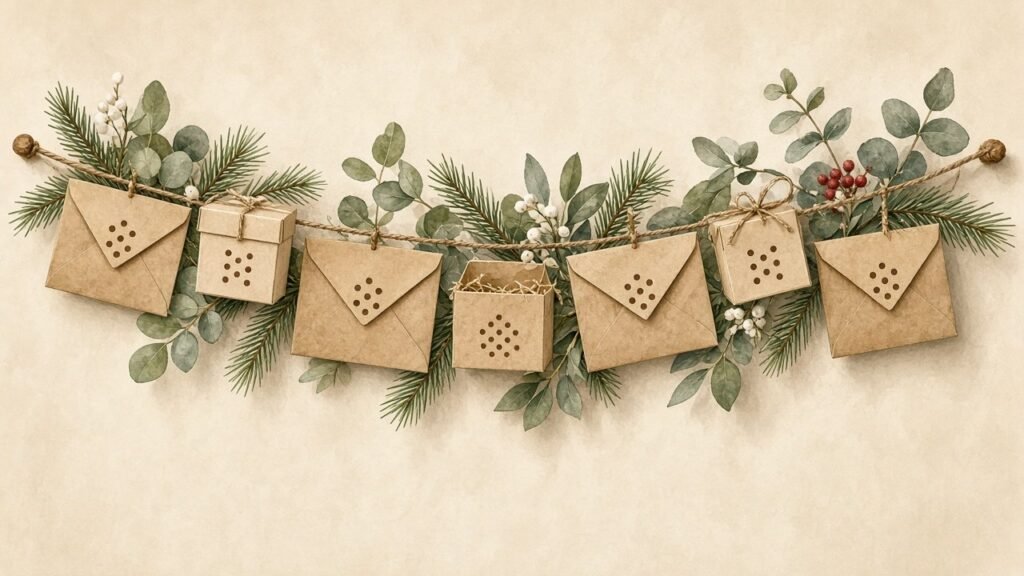 A handmade advent calendar of envelopes and tiny boxes on twine