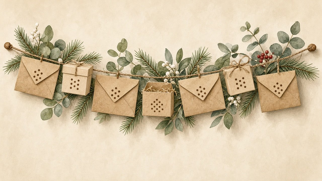 A handmade advent calendar of envelopes and tiny boxes on twine