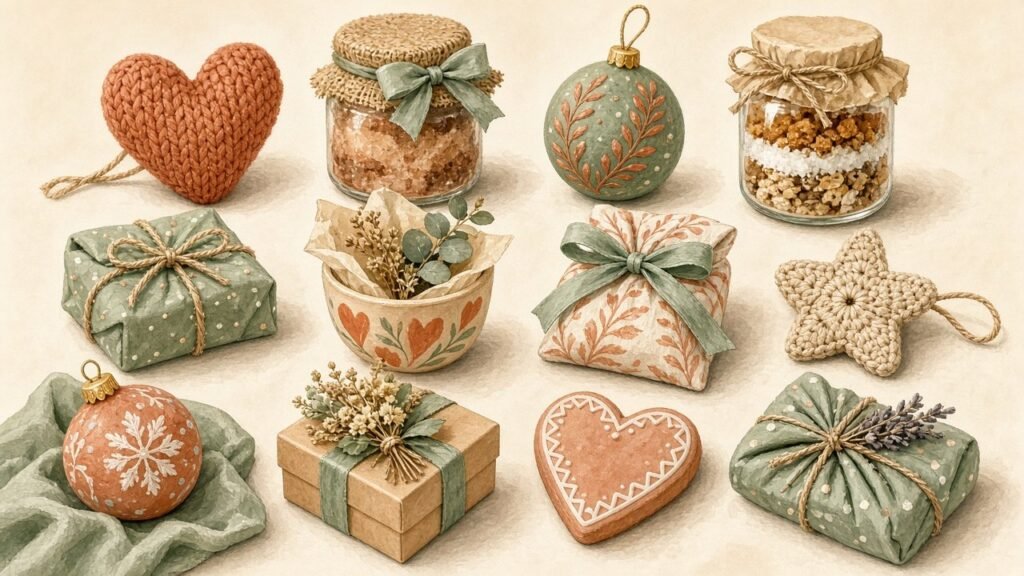 A table of small handmade holiday gifts