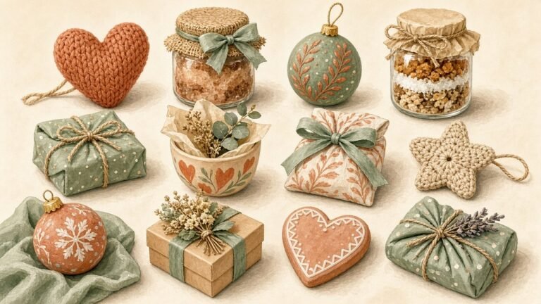A table of small handmade holiday gifts