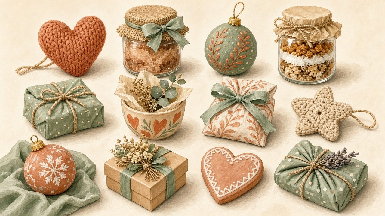 A table of small handmade holiday gifts