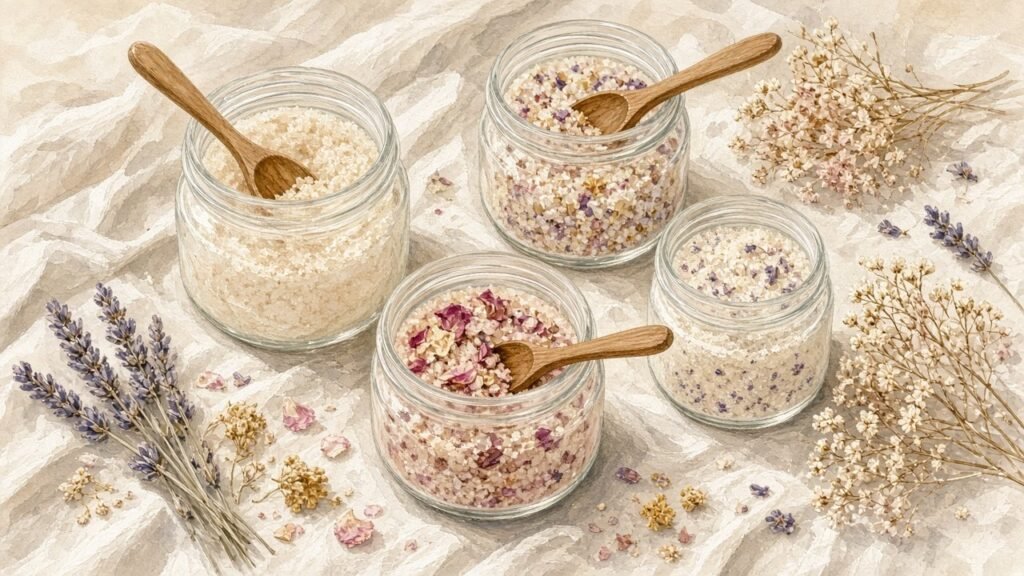 Mason jars of sugar scrub and bath salts