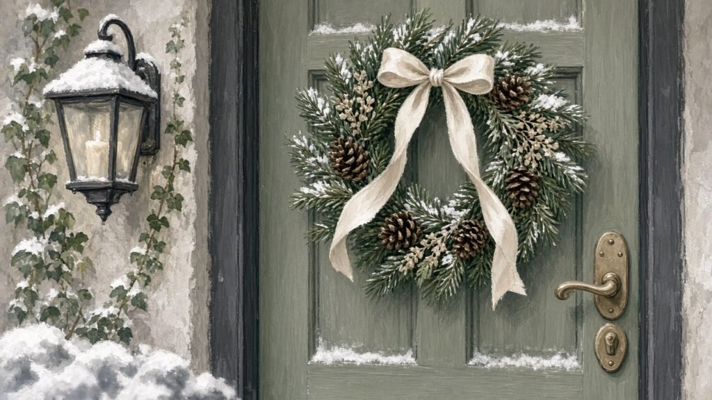 A winter wreath of evergreen, pinecones, and a cream ribbon