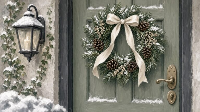 A winter wreath of evergreen, pinecones, and a cream ribbon