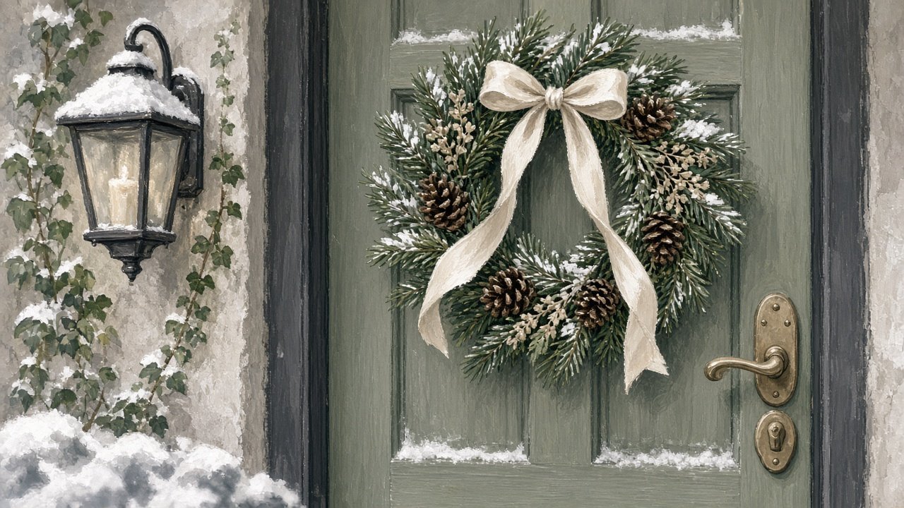 A winter wreath of evergreen, pinecones, and a cream ribbon