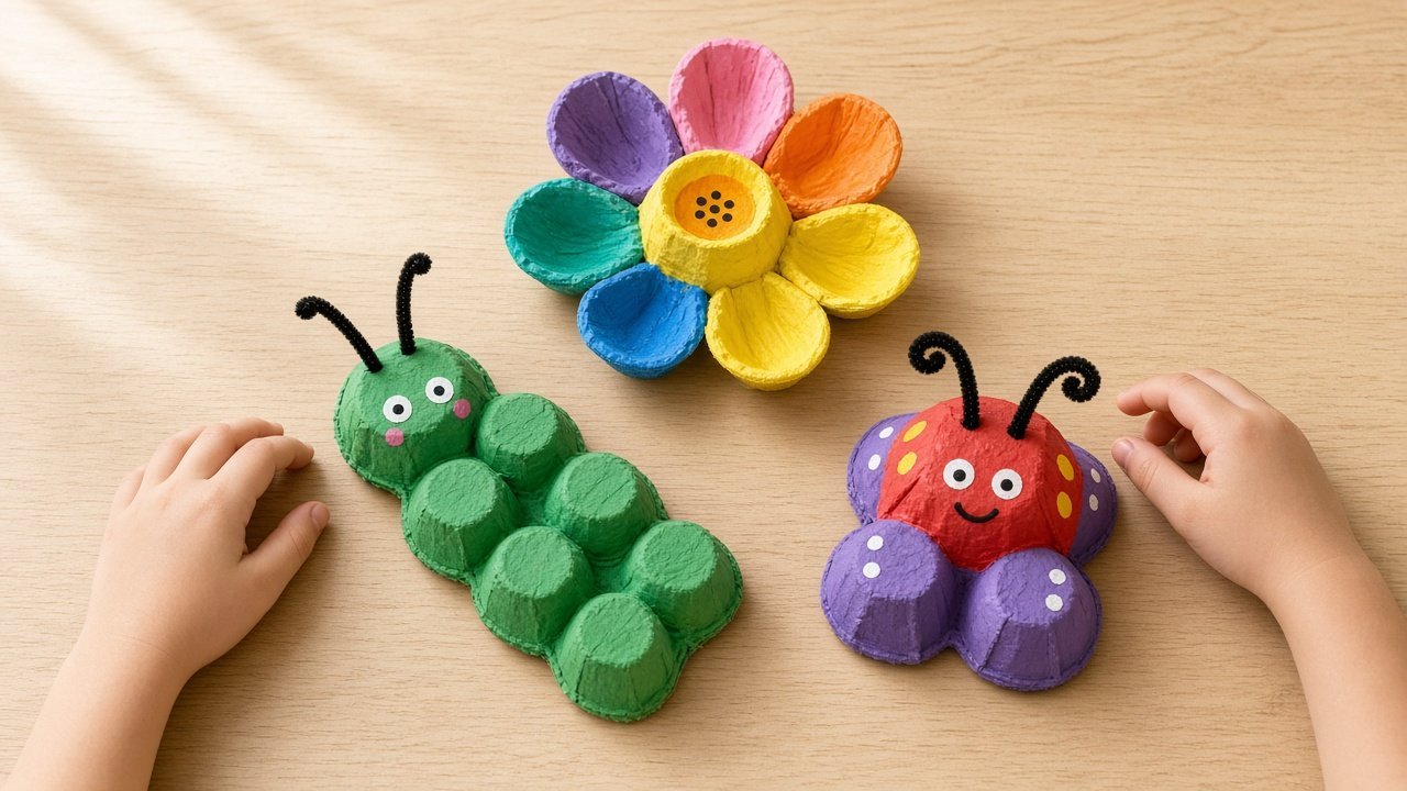 An egg carton caterpillar, flower, and bug