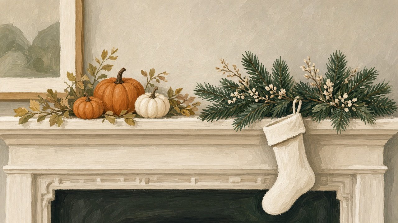 A mantel moving from pumpkins toward evergreen and a stocking