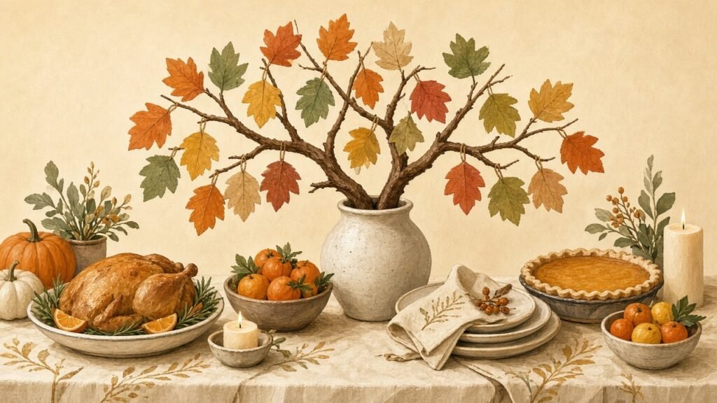 A thankful tree made from a branch and hanging paper leaves