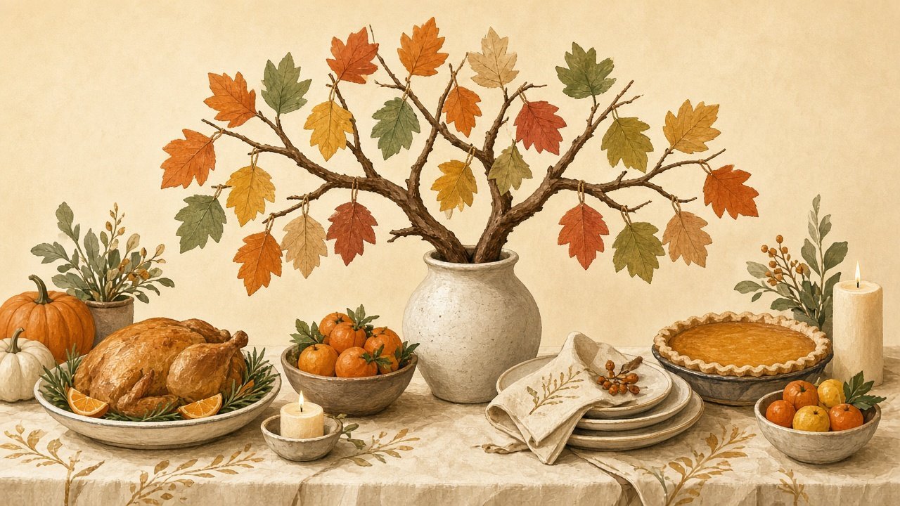 A thankful tree made from a branch and hanging paper leaves