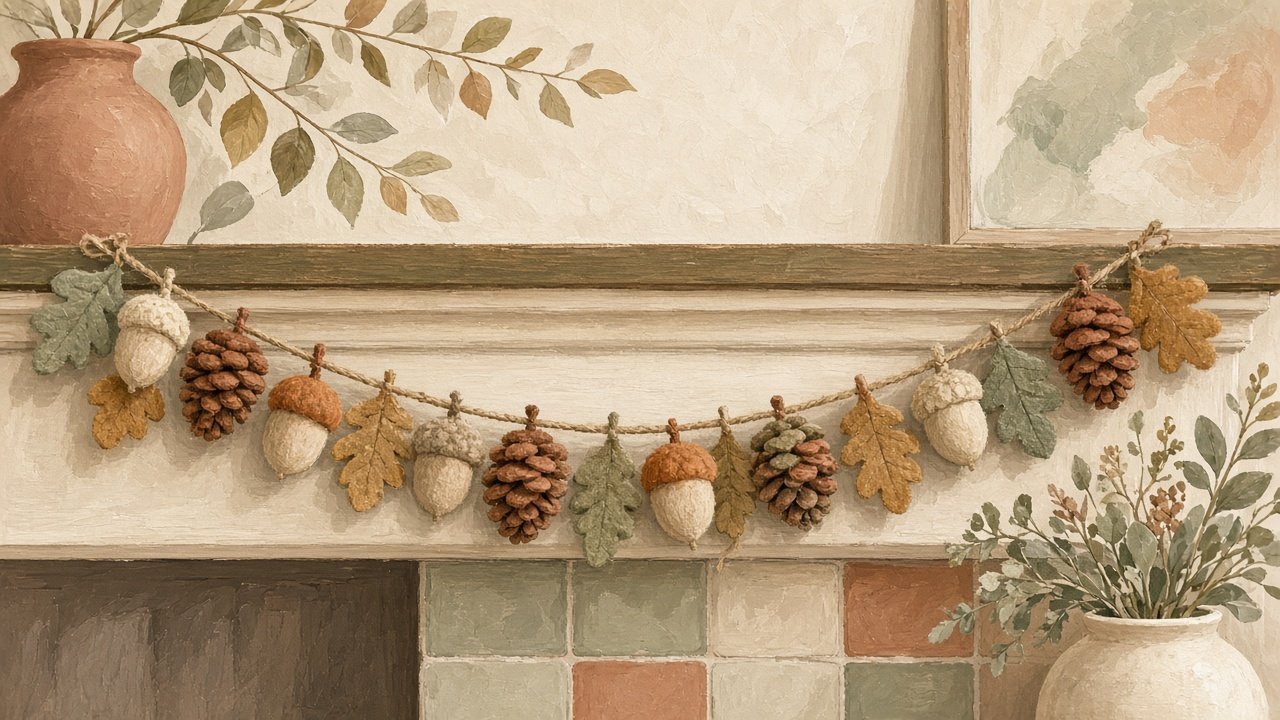 A felt acorn and pinecone garland on a mantel