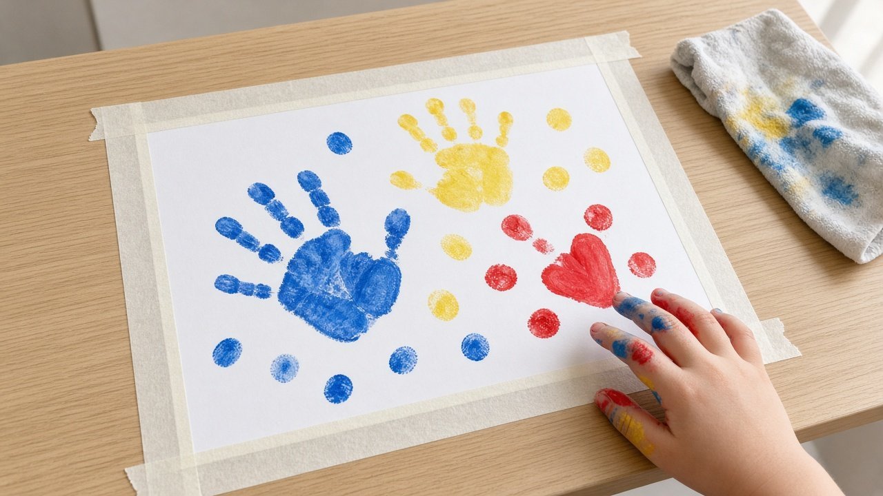 Washable finger paint on large paper with a cloth nearby