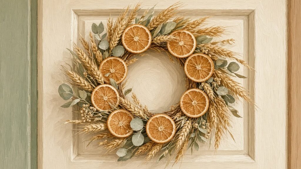 A harvest wreath of dried orange slices and wheat