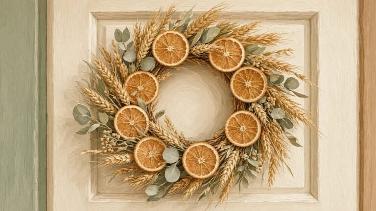 A harvest wreath of dried orange slices and wheat