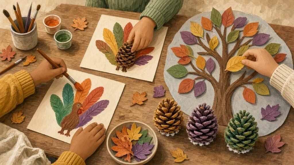 Children's Thanksgiving crafts including a paper turkey and a thankful tree