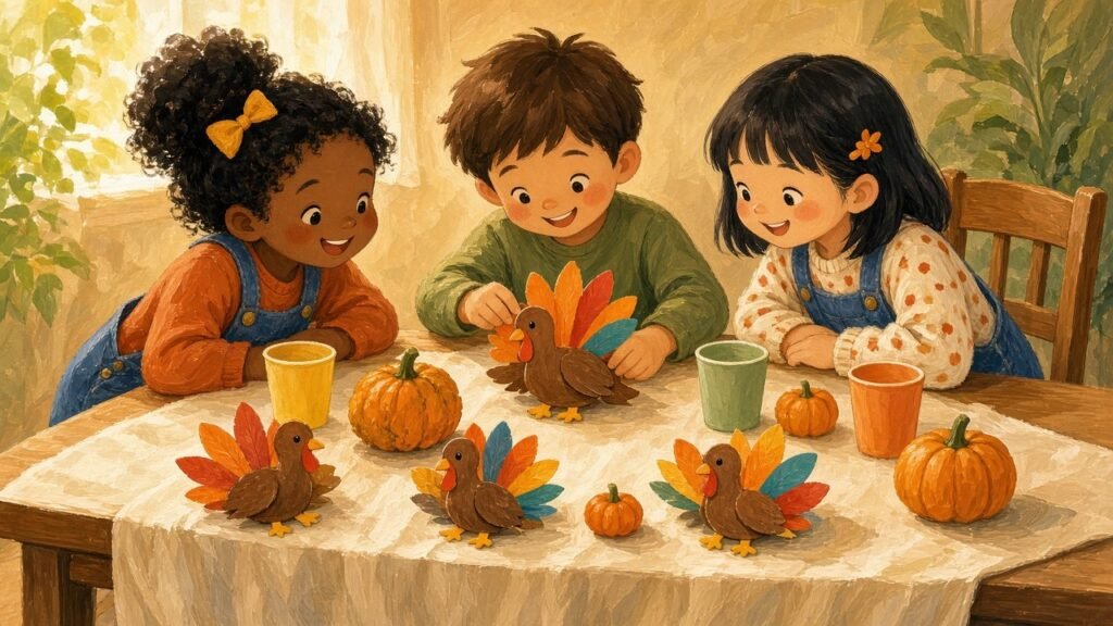 A cheerful kids' Thanksgiving table with paper turkeys and small pumpkins