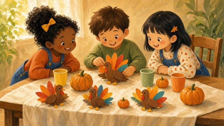 A cheerful kids' Thanksgiving table with paper turkeys and small pumpkins