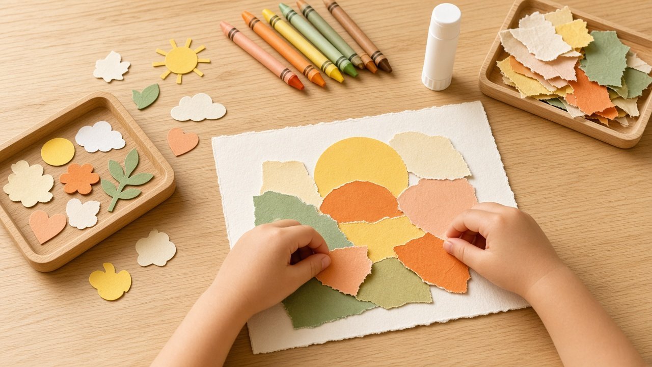 Stickers, crayons, and a torn-paper collage on a tidy table