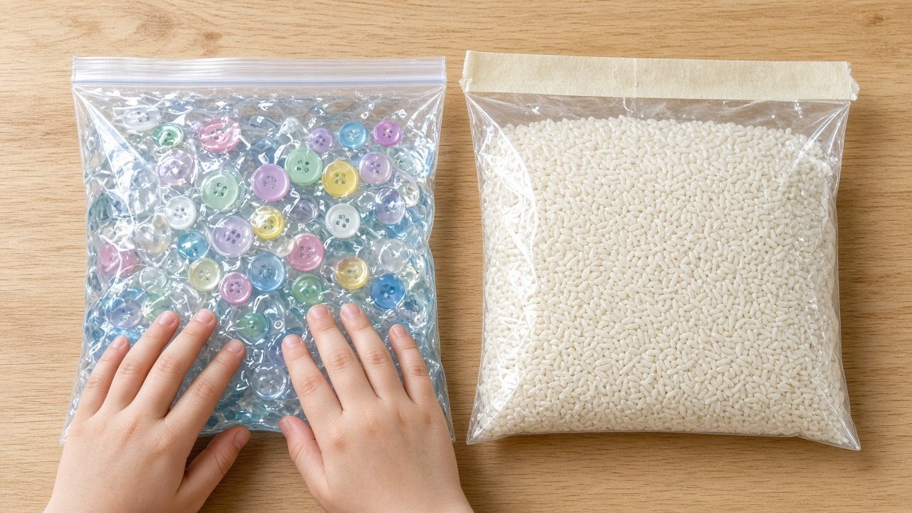 Sealed sensory bags of gel and rice on a wooden table