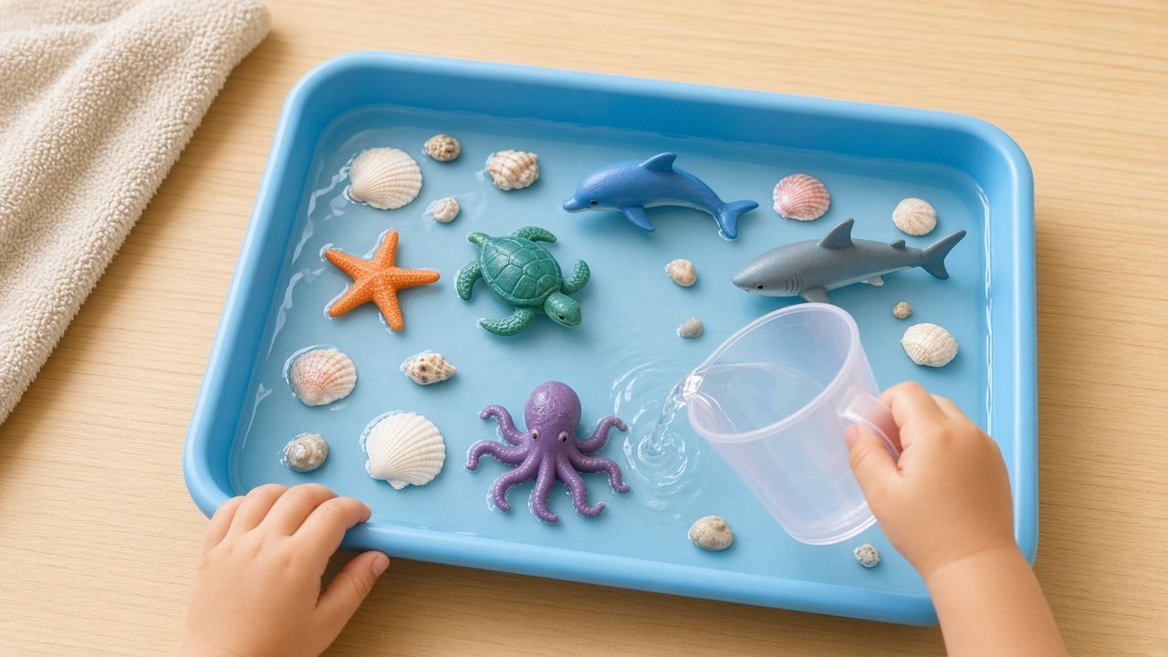 A shallow blue tray of water with plastic sea animals and cups