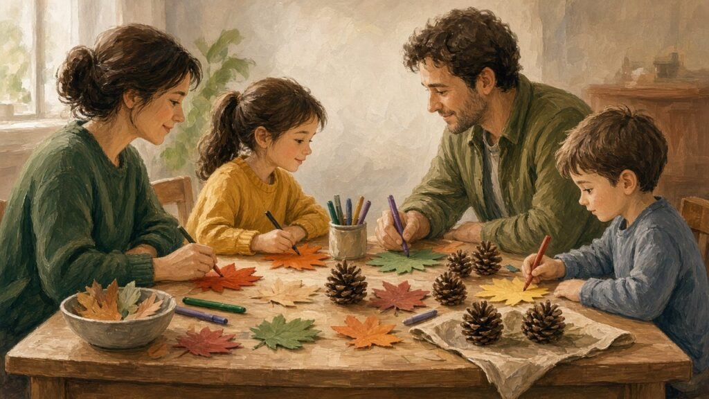 Family making simple crafts together after Thanksgiving