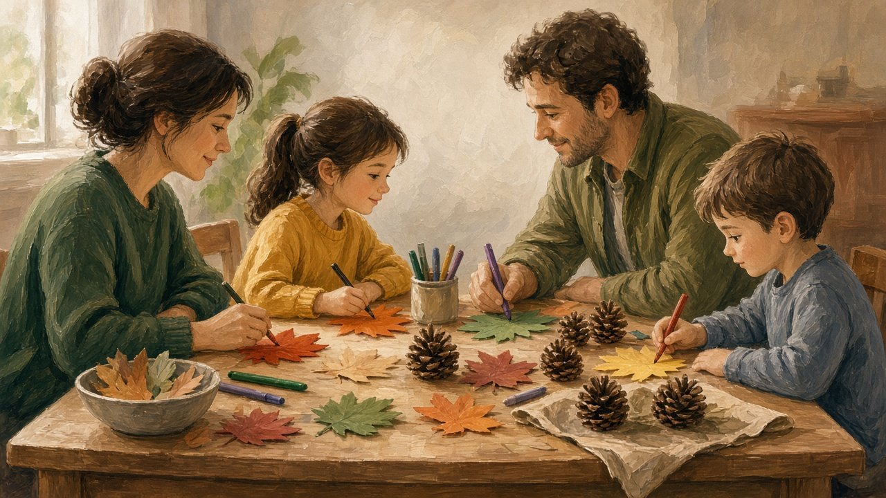 Family making simple crafts together after Thanksgiving