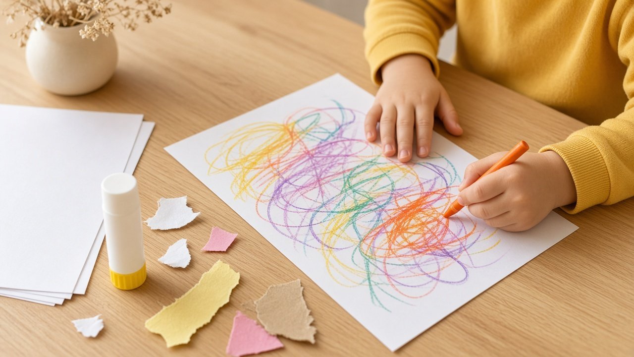 A page of free crayon marks and loose paper scraps