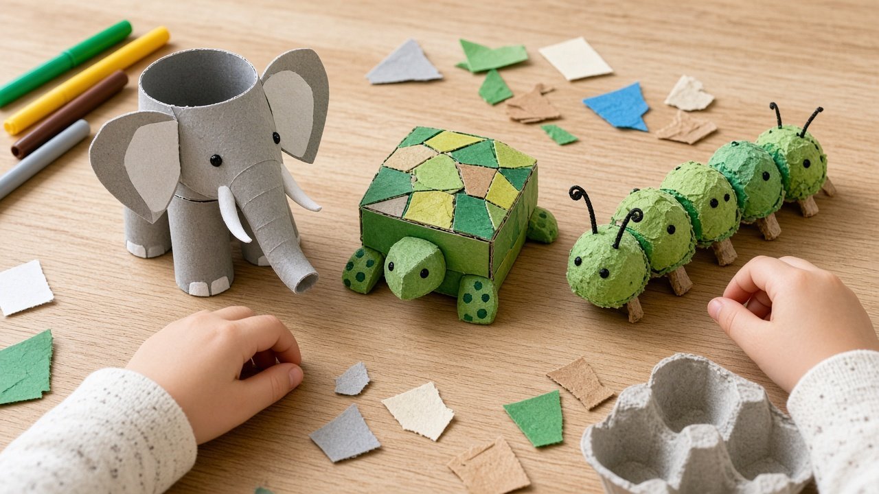 A tube elephant, a box turtle, and an egg-carton caterpillar