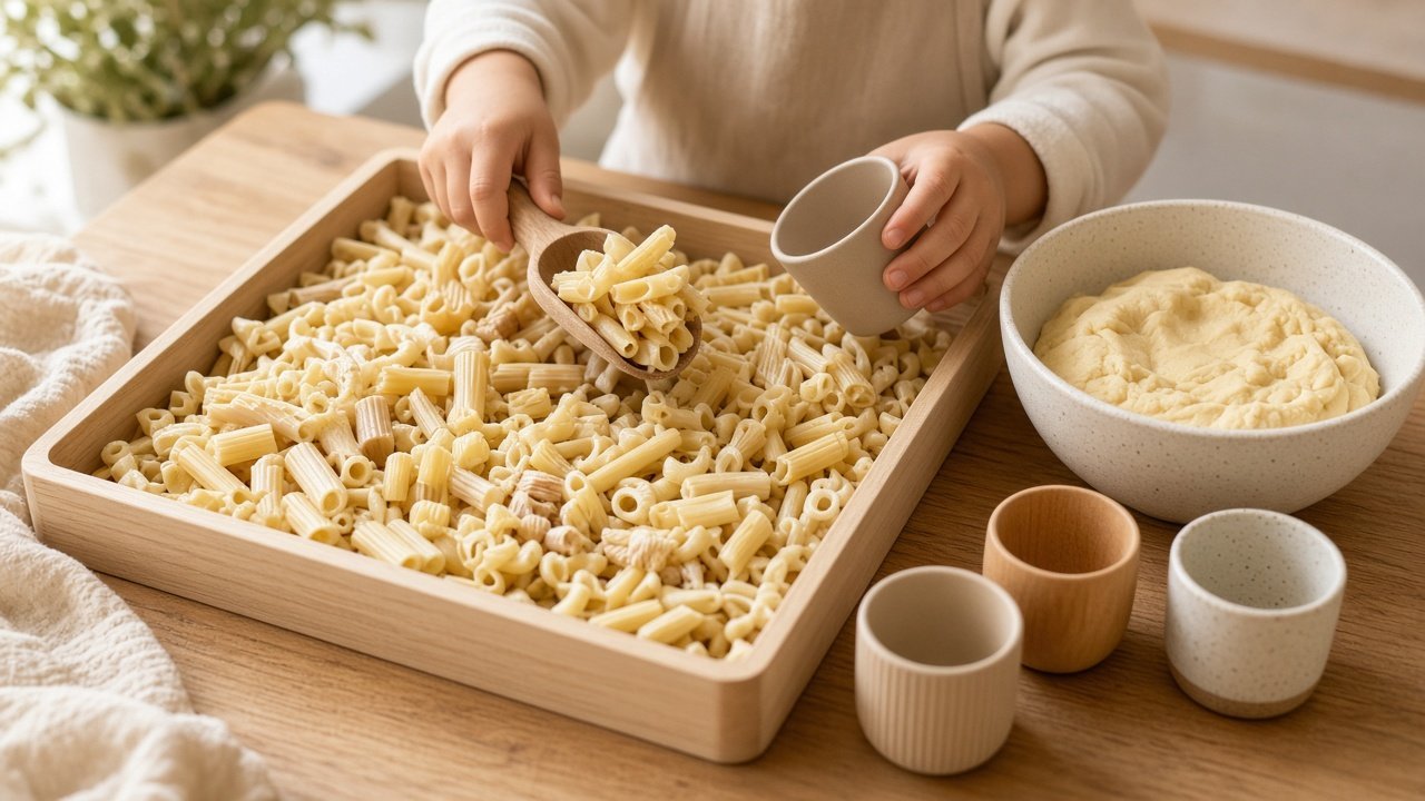 A tray of dry pasta, cups, and a bowl of playdough