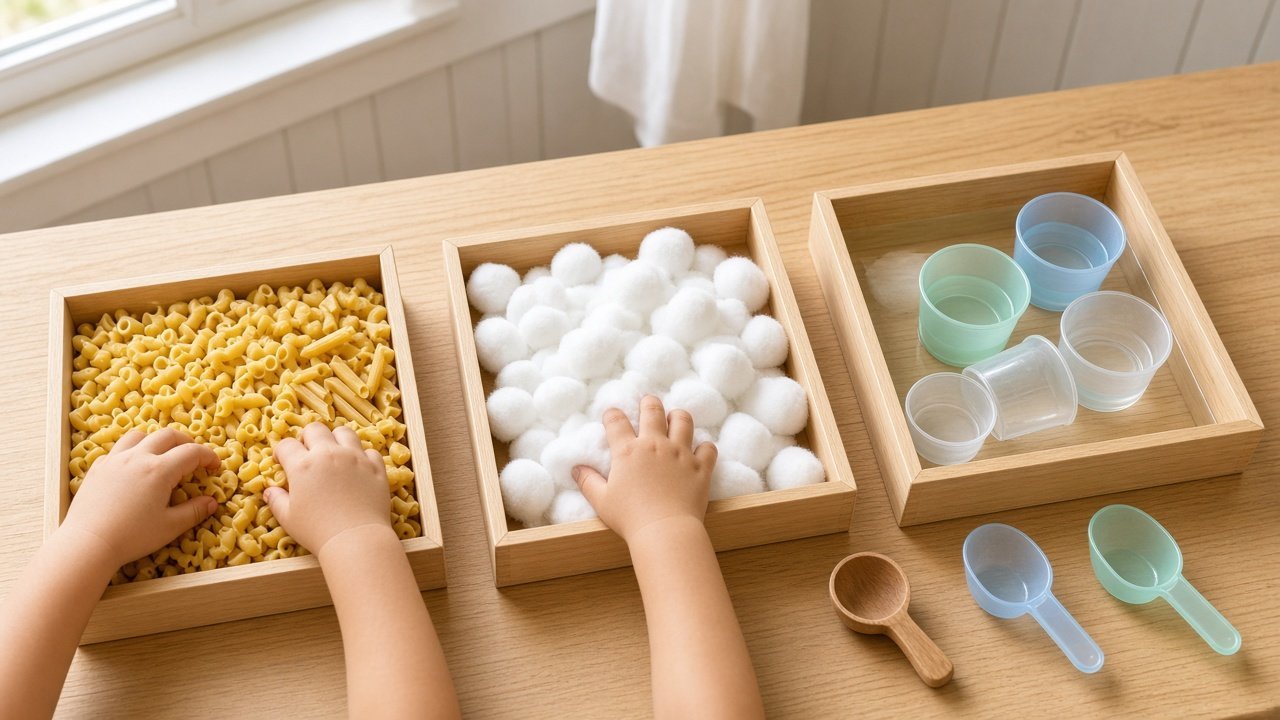 Three shallow bins with pasta, cotton balls, and water