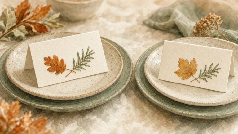 Folded Thanksgiving place cards with a leaf and rosemary