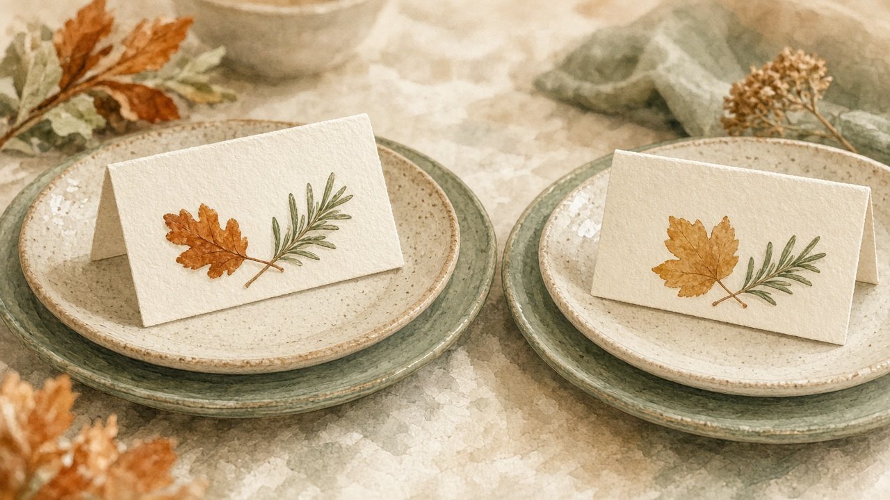 Folded Thanksgiving place cards with a leaf and rosemary