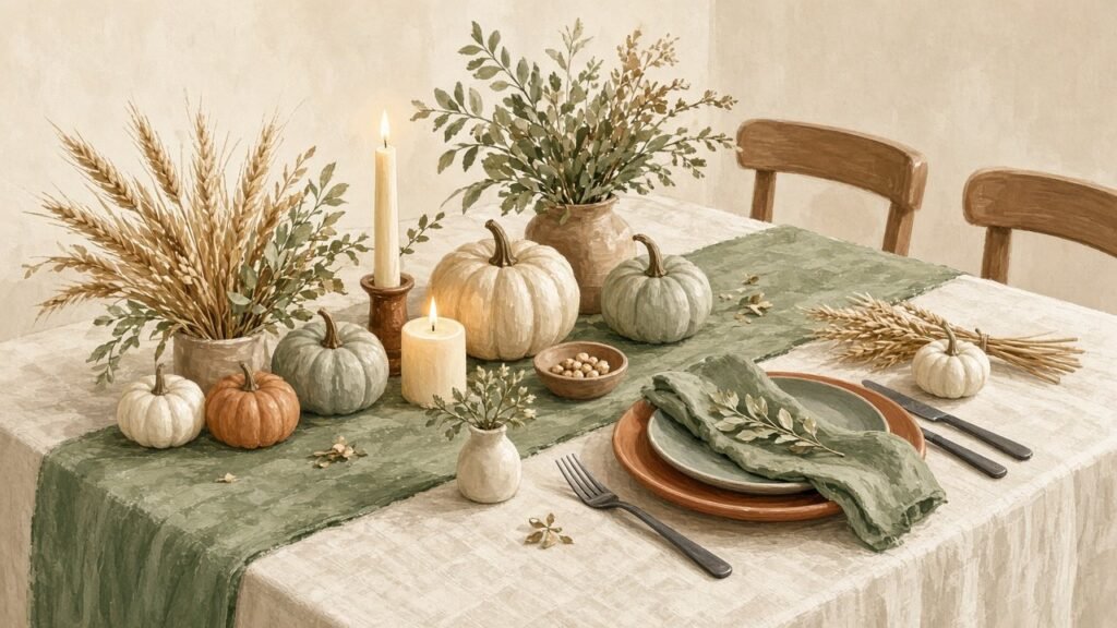 A warm Thanksgiving table with pumpkins, wheat, and candles