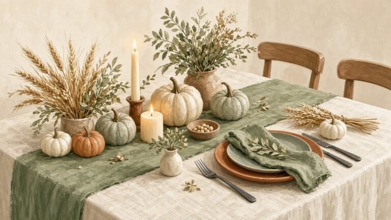 A warm Thanksgiving table with pumpkins, wheat, and candles
