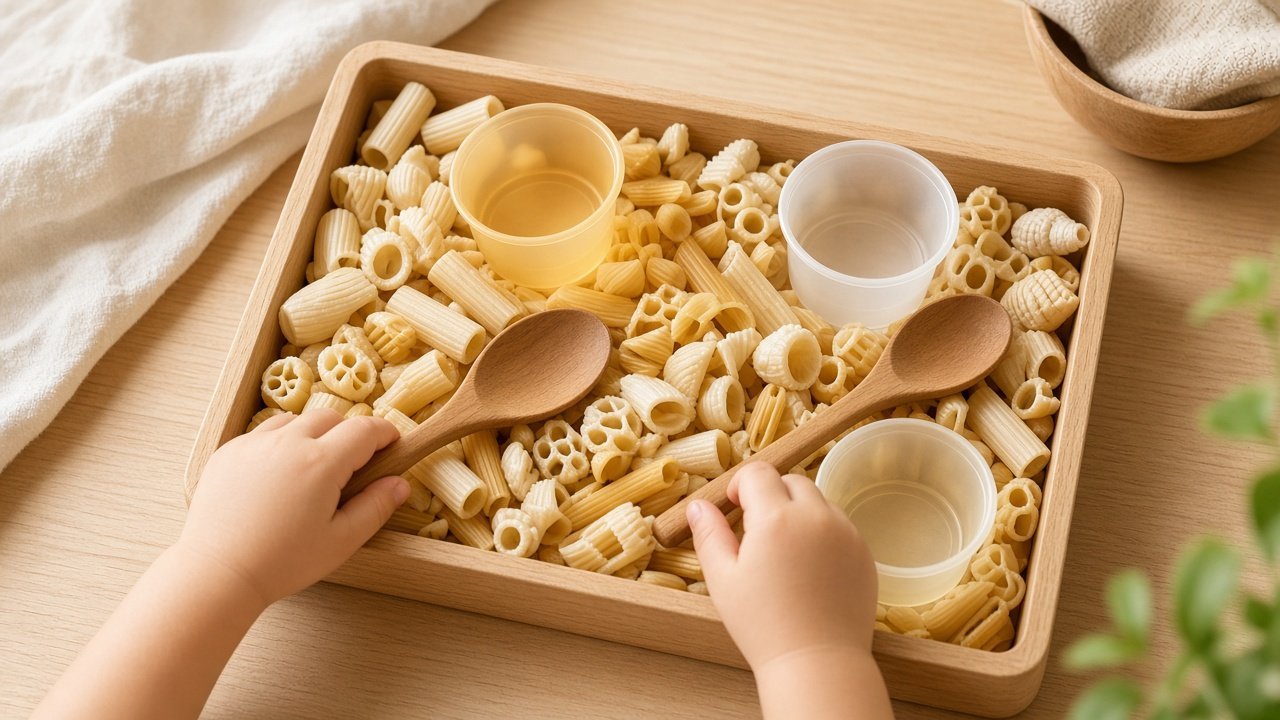 A toddler bin of large pasta with wooden spoons and cups