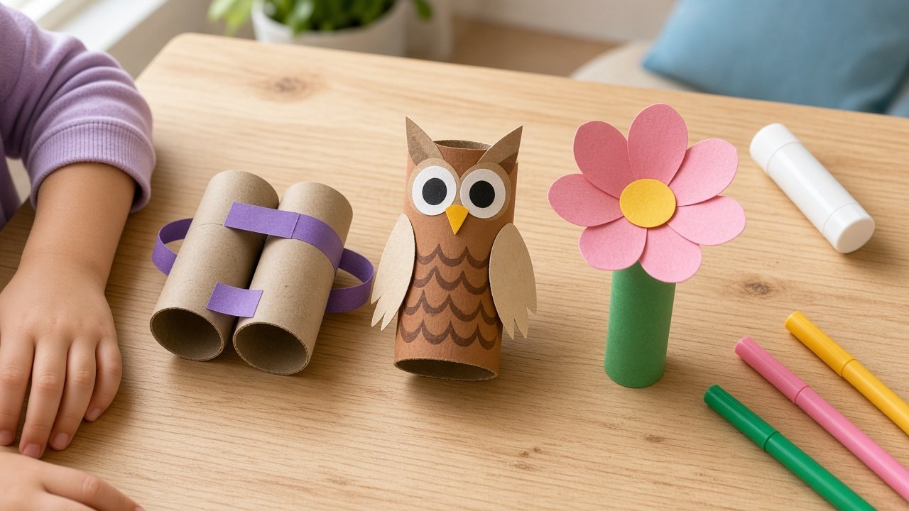 Cardboard tubes made into binoculars, an owl, and a flower