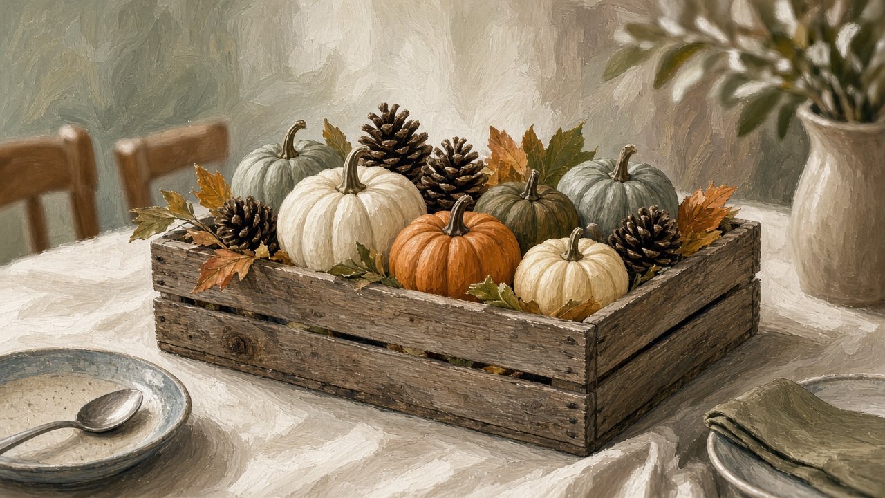 A wood box centrepiece filled with mini pumpkins and pinecones