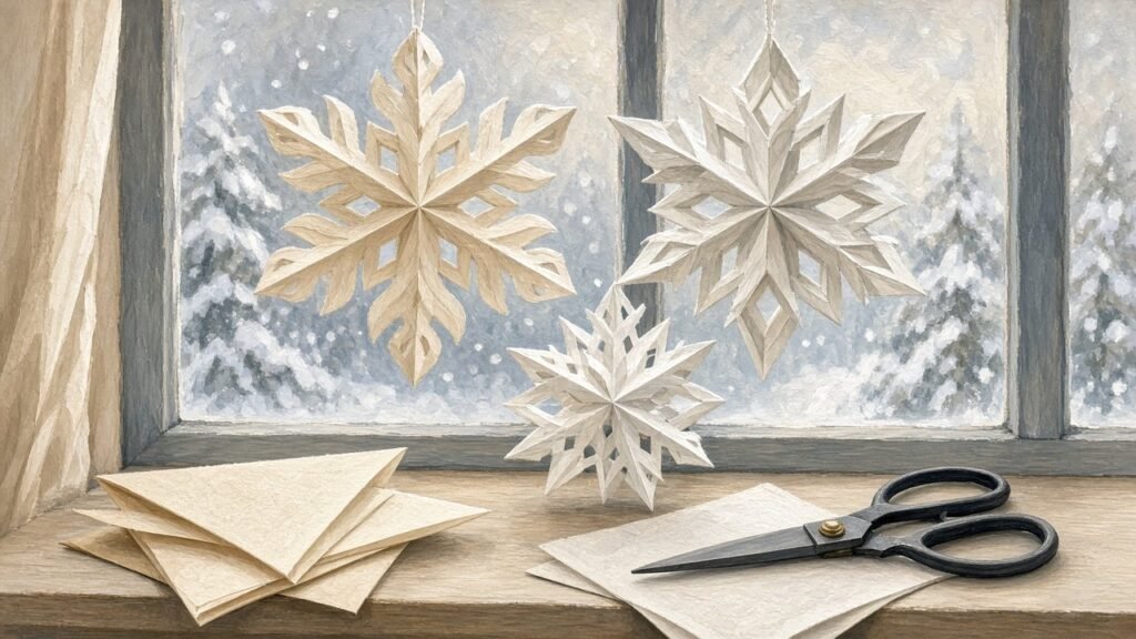 Paper snowflakes hanging in a window