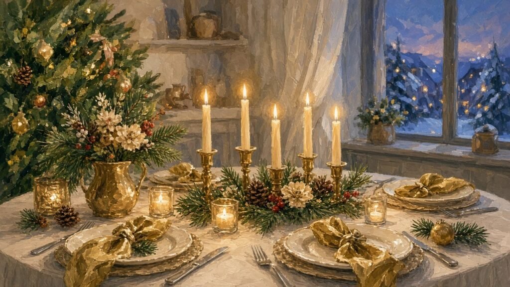 A candlelit Christmas Eve dinner table