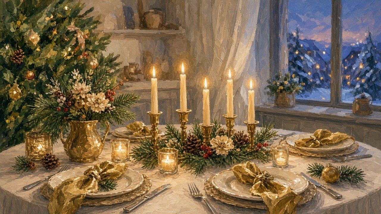 A candlelit Christmas Eve dinner table